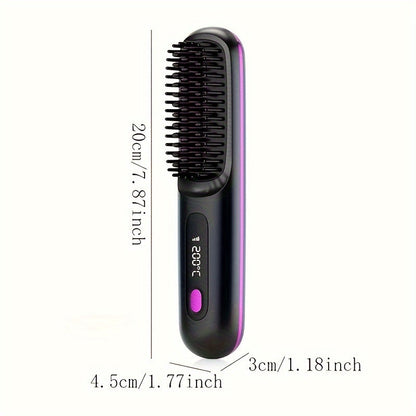 Wireless Hair Straightener Brush - 7.87x1.77x1.18 Inches, 3 Temperature Settings, LED Display, USB Rechargeable, 36V Max, 2000mAh Battery - Professional Styling Tool for Home and Travel