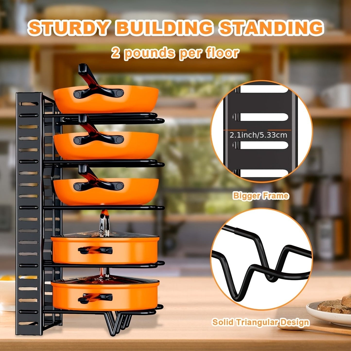 8-Tier Pot Organizer Rack - Metal Kitchen Cabinet Storage for Pots and Pans, Space-Saving Holder