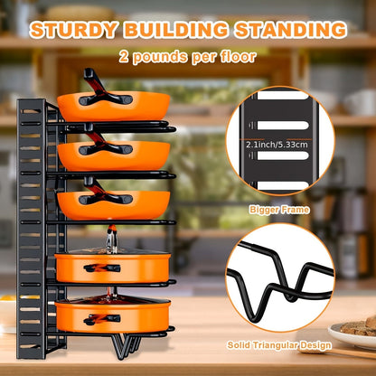 8-Tier Pot Organizer Rack - Metal Kitchen Cabinet Storage for Pots and Pans, Space-Saving Holder