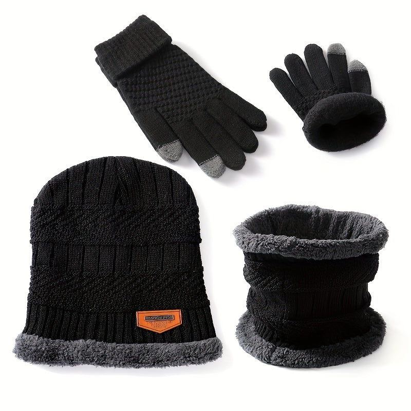 3 Pcs Knit Hat, Neck Warmer and Gloves Set - Thermal Letter Patched Cuff Beanie, Fleece Scarf, and Full Finger Winter Gloves for Men and Women