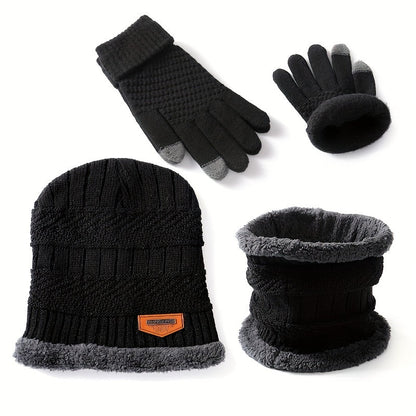 3 Pcs Knit Hat, Neck Warmer and Gloves Set - Thermal Letter Patched Cuff Beanie, Fleece Scarf, and Full Finger Winter Gloves for Men and Women