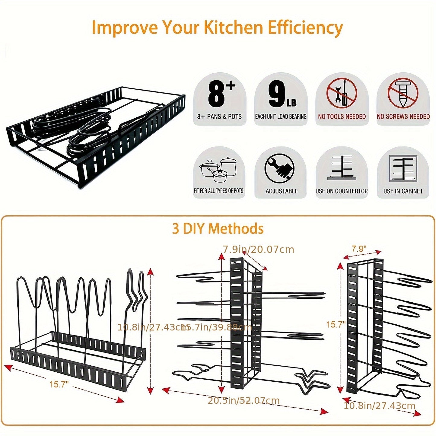 8-Tier Pot Organizer Rack - Metal Kitchen Cabinet Storage for Pots and Pans, Space-Saving Holder