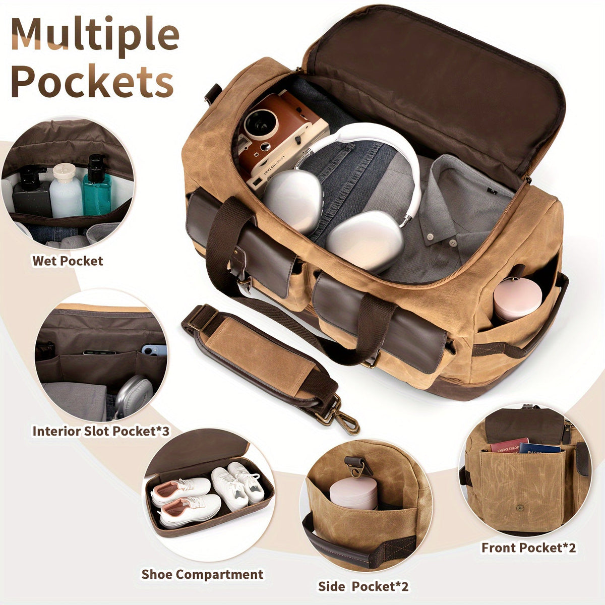Travel Duffle Bag for Men - Waterproof Canvas Weekender with Wet Pocket, Shoes Compartment, Vintage Carry-On Luggage with Adjustable Strap