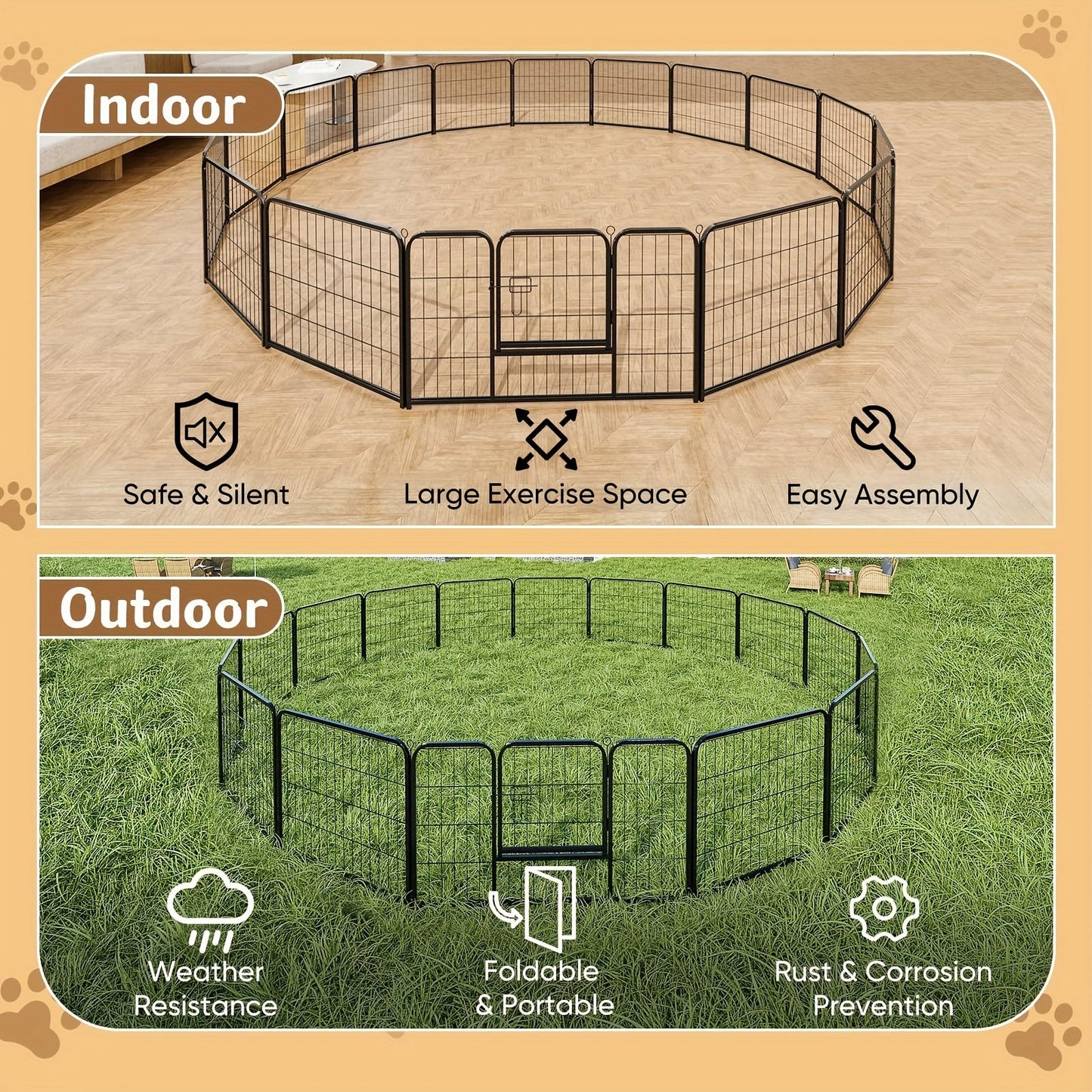 16 Panel Dog Playpen Indoor Fence – Metal Exercise Pen with Door for Dogs and Pets – Ideal for Outdoor, Garden, Yard Use