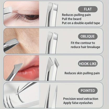 Japanese Banana Tweezer Set - 4-Piece Stainless Steel Precision Tweezers for Eyelash, Eyebrow, and Ingrown Hair Removal