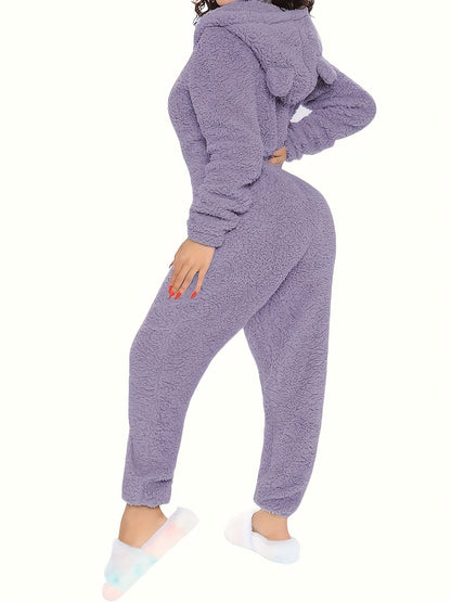 Fuzzy Hooded Pajama Jumpsuit for Music Festivals – Comfy and Cute Long Sleeve Zipper Pajamas – Women's Lingerie and Sleepwear