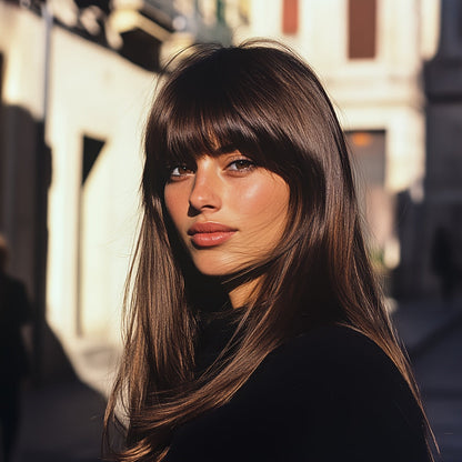 Long Natural Straight Dark Brown Wig with Blunt Bangs - 24 Inch, Synthetic Fibers, Rose Net, Perfect for Daily Wear