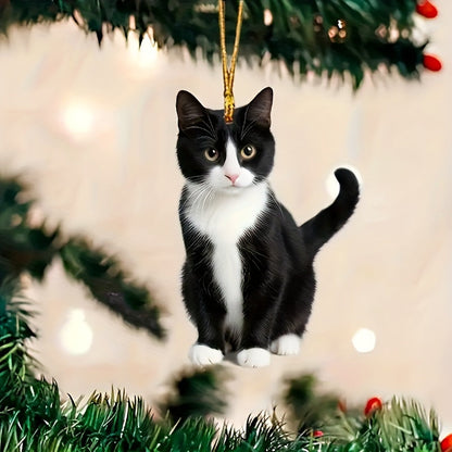 Acrylic Tuxedo Cat Hanging Ornament - Black and White Kitty Pendant with Plush Texture for Car and Bag Decor