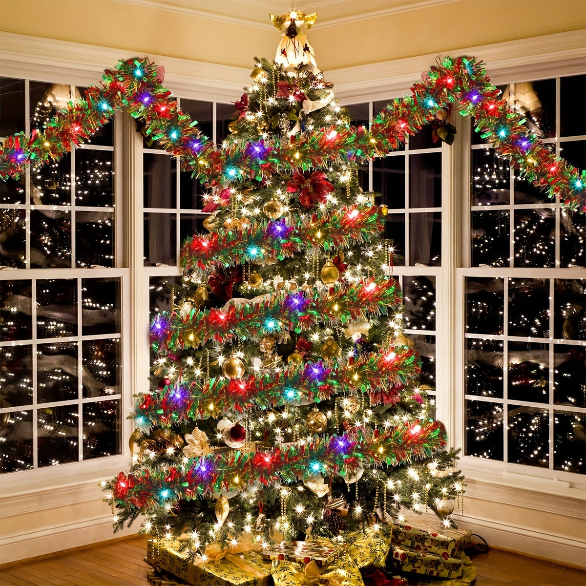 Dingion 16 Ft Christmas Tinsel Garland with LED Lights – Metallic Shiny Hanging Decorations for Indoor and Outdoor Xmas Party ( Batteries Not Included )