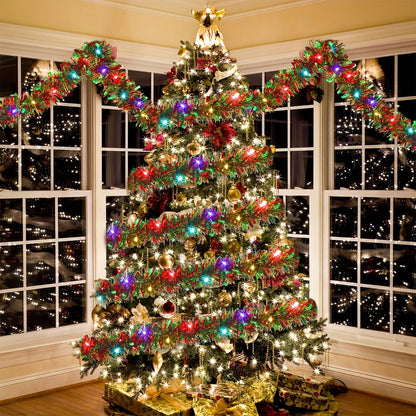 Dingion 16 Ft Christmas Tinsel Garland with LED Lights – Metallic Shiny Hanging Decorations for Indoor and Outdoor Xmas Party ( Batteries Not Included )