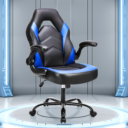 Ergonomic Gaming Chair – PU Leather Home Office Desk Chair with Lumbar Support, Height Adjustable, Big and Tall with Flip-Up Armrests and Swivel Wheels for Adults and Teens