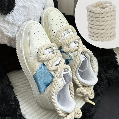 2 Pairs Thick Cotton Knit Shoelaces – Casual Solid Color, Lightweight & Durable for Sneakers & Canvas Shoes, Unisex, Easy to Clean