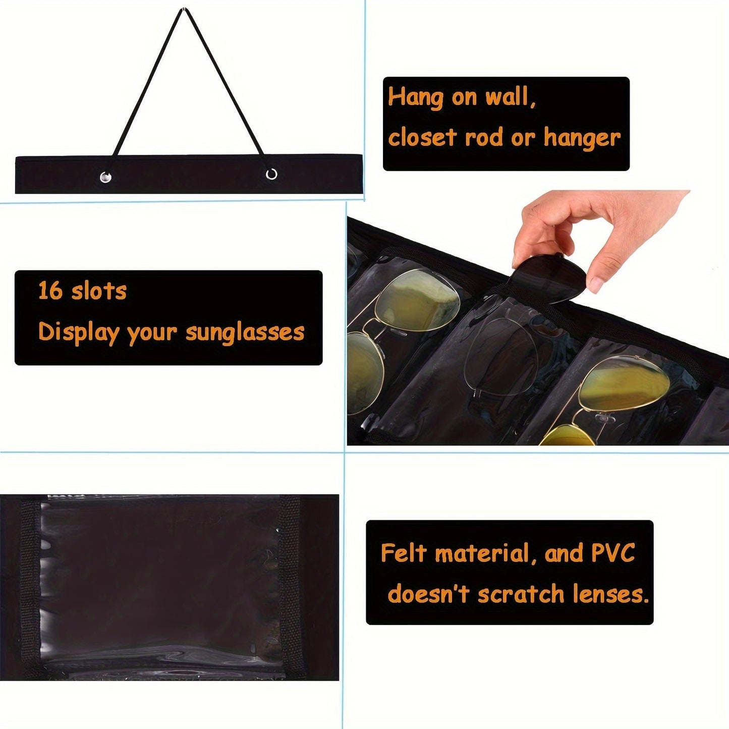 16 Slot Hanging Glasses Organizer - PVC Wall Pocket with Dust-Proof Holder, Metal Hook, and Sturdy Rope, Ideal for Women's Fashion Accessories, Perfect for Christmas/Halloween Gift