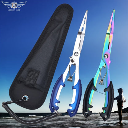 Rust-Proof Saltwater Fishing Pliers with Split Ring Hook Removers - Includes Quick-Access Lanyard and Secure Sheath, Essential Gear for Smooth Tackle Management