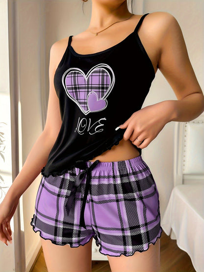 Women's Plaid Heart Print Pajama Set – Frill Trim Cami Top & Shorts – Round Neck Backless – Comfortable Relaxed Fit for Summer Nightwear