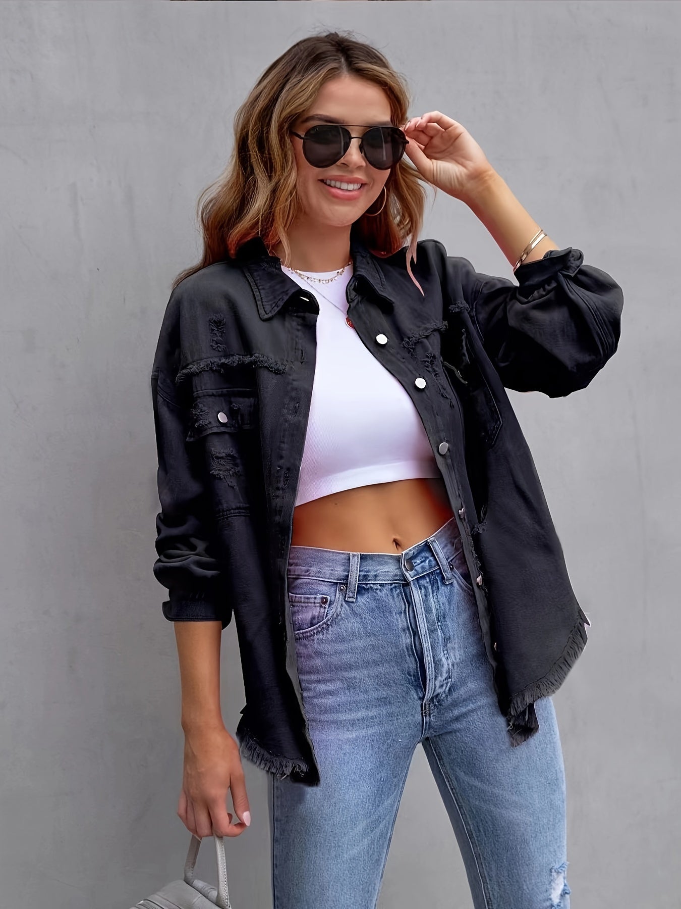 Women's Plus-Size Denim Blazer with Distressed Holes