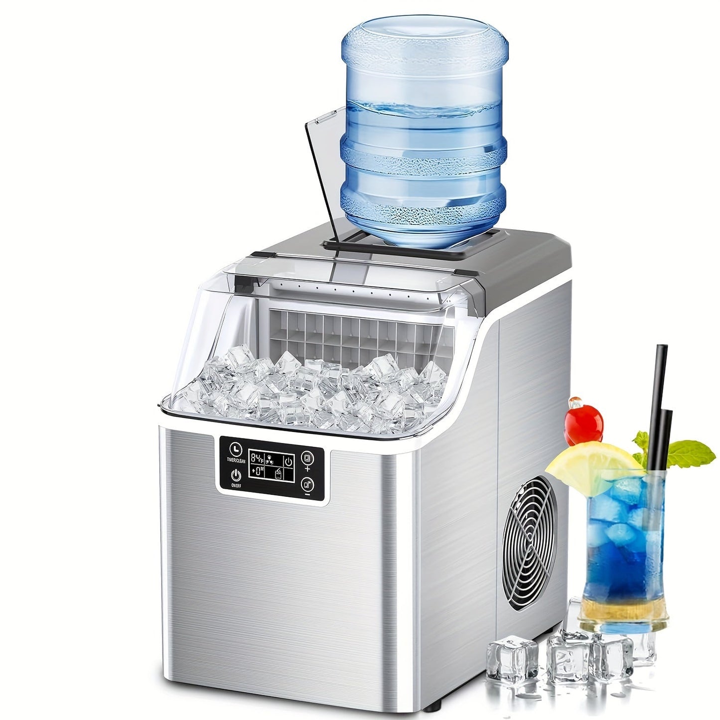 Countertop Ice Maker – 45lbs Capacity, 2-Way Water Supply, Self-Cleaning, Ice Size Control, 24H Timer – Stainless Steel Ice Machine for Home Bar, RV, and Parties (Black)
