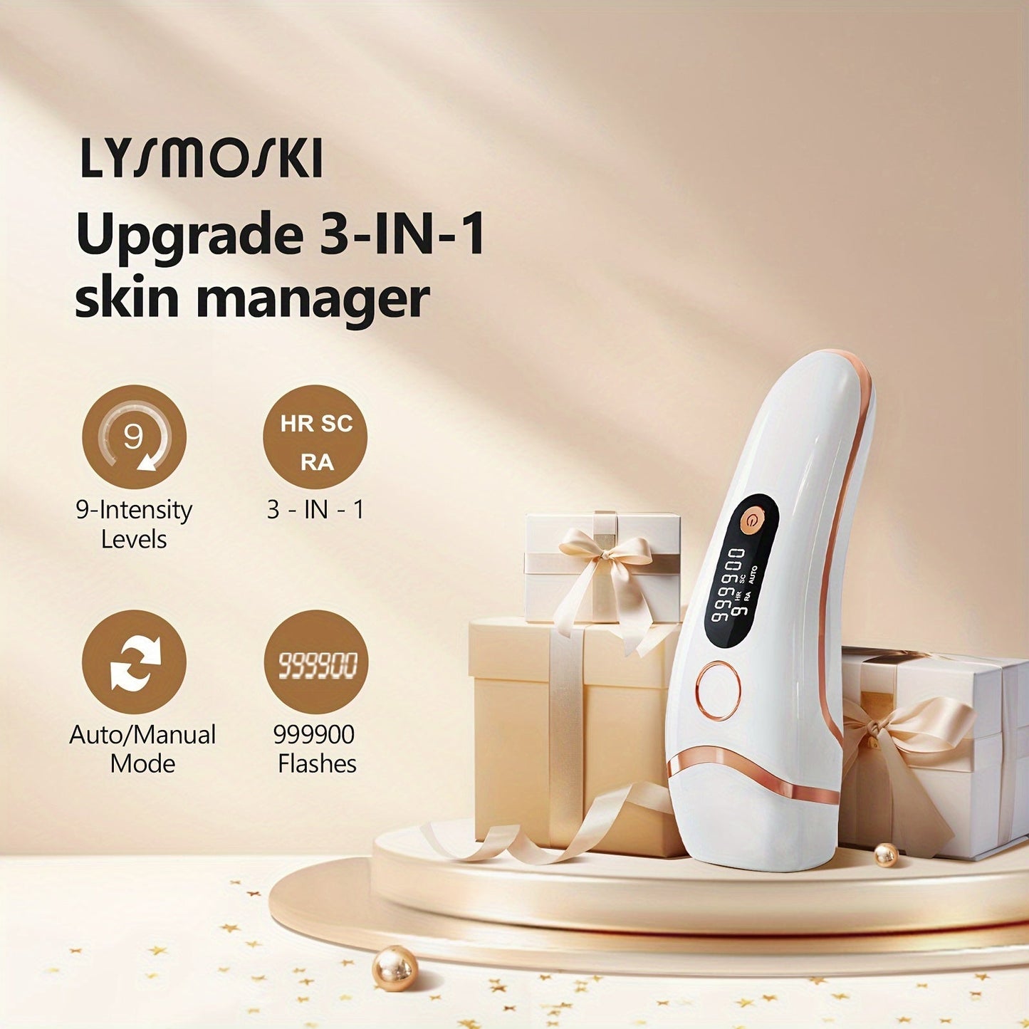 LYSMOSKI IPL Hair Removal Device - 3 Functions (HR/SC/RA), 9 Levels, 999,900 Flashes, Automatic and Manual Modes, For Face, Body, Bikini, Underarm