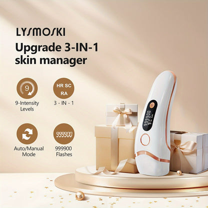 LYSMOSKI IPL Hair Removal Device - 3 Functions (HR/SC/RA), 9 Levels, 999,900 Flashes, Automatic and Manual Modes, For Face, Body, Bikini, Underarm