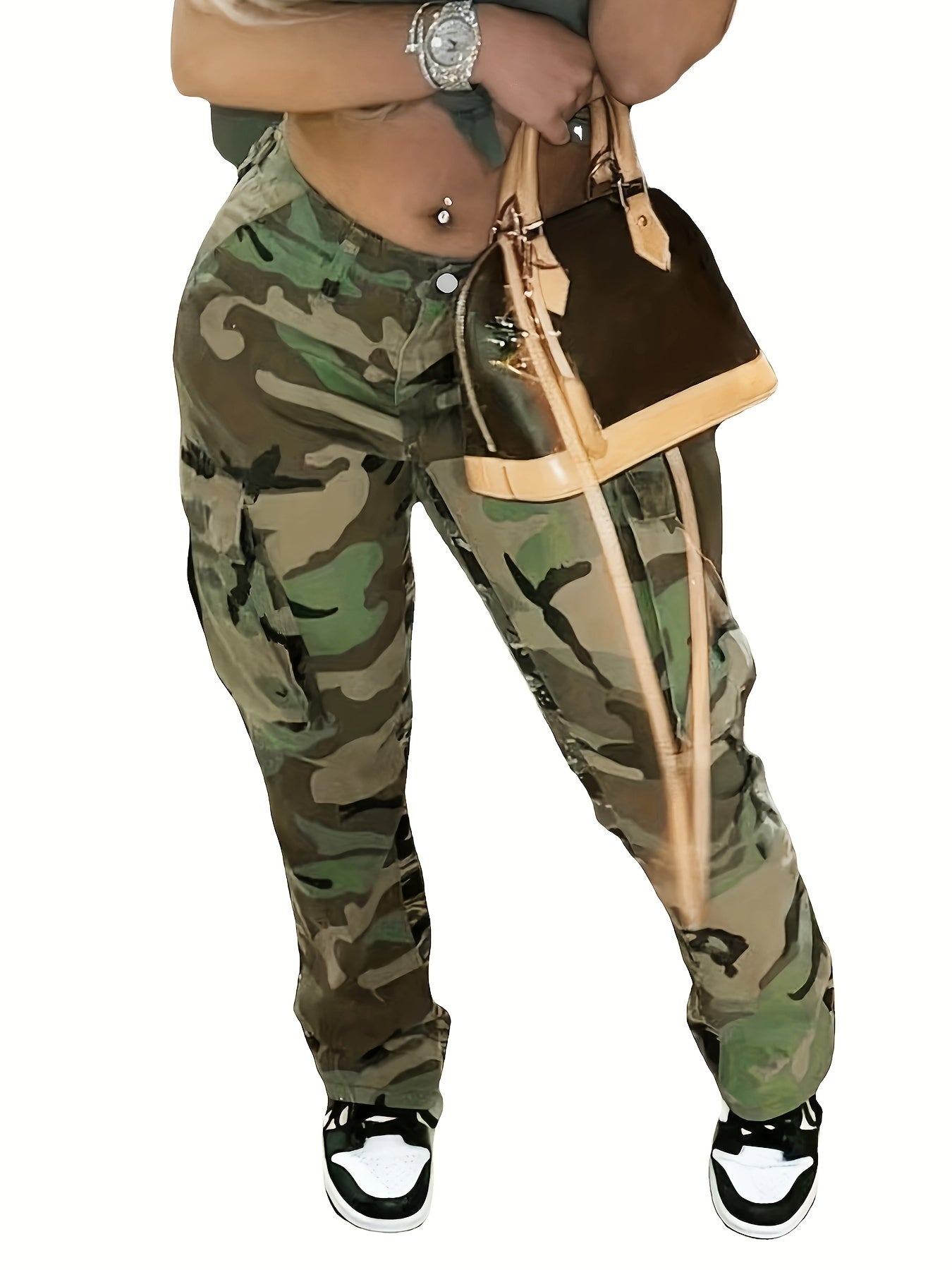 Fashionable High-Waist Camouflage Cargo Jeans – Sleek Straight Fit with Medium Stretch & Stylish Flap Pockets – Trendy High-Rise Denim Pants for Women