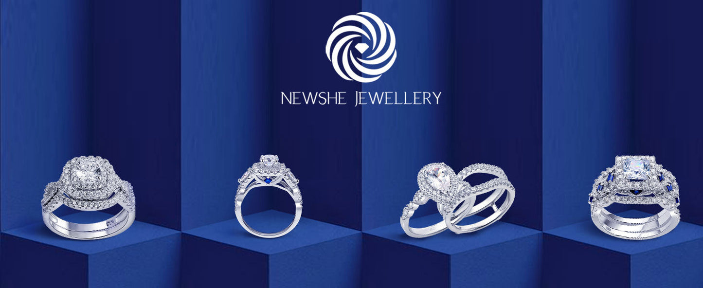 Newshe 3-Piece Women’s Wedding Ring Set – 925 Silver 2.6Ct Princess Cut White & Blue CZ Bridal Jewelry