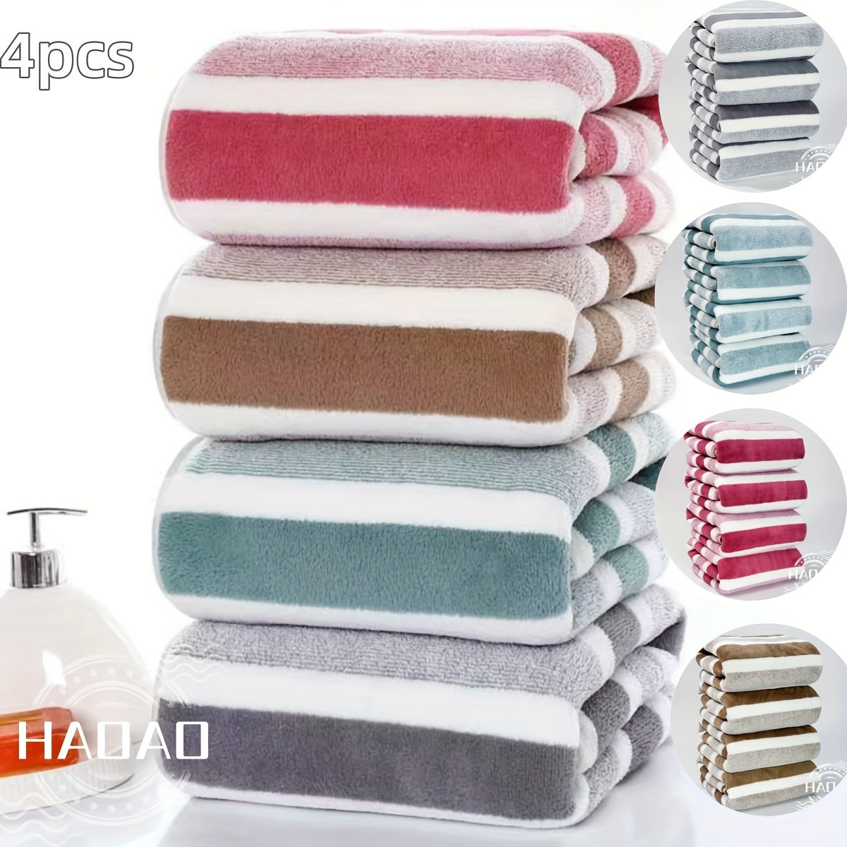 4 Piece Luxurious Striped Bath Towel Set - Ultra-Absorbent, Quick-Drying, Super Soft, Skin-Friendly - Ideal for Home Bathroom and Daily Showering Needs