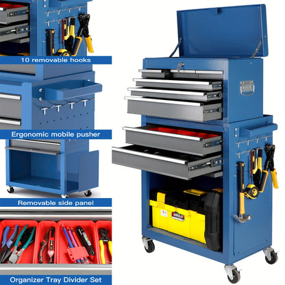 8 Drawer Tool Storage Cabinet on Wheels - High Capacity, Removable Organizer, Detachable Top Box, Locking System, Ideal for Workshop & Garage, Blue