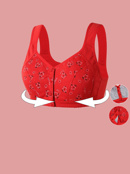 Plus Size Women's Elegant Romance Bra – Wireless, Non-Padded, Front Button Closure – Slight Stretch, Random Floral Print – Comfortable, Breathable Polyester Knit Fabric