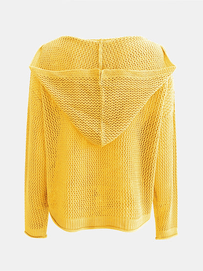 Solid Color Hooded Pullover Sweater – Casual Long Sleeve Cut-Out Knitted Sweater for Spring and Summer – Women's Clothing
