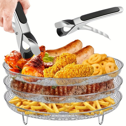 Air Fryer Accessories Set - Three-Layer Circular Grill Rack, Steam Rack, Stainless Steel Stackable Dehydration and Barbecue Rack, Drain and Filter Baskets, Oil Brush and Food Clips