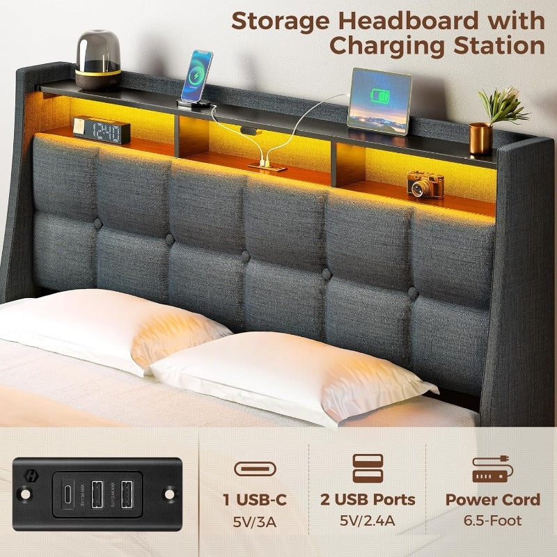 Twin Full Queen Bed Frame with LED Lighting and Charging Station - PU Leather/Neutral Linen Storage Headboard, Drawers, Heavy Duty Wood Slats, Easy Assembly - Modern Bedroom Furniture Upgrade