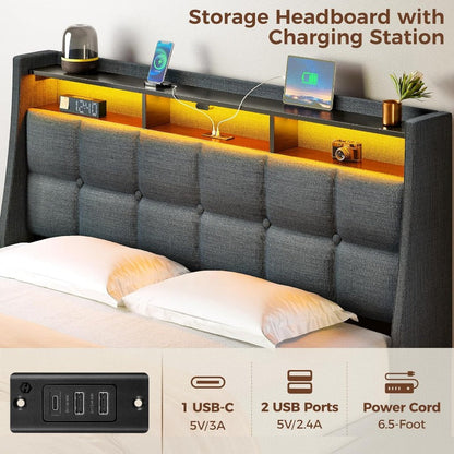 Twin Full Queen Bed Frame with LED Lighting and Charging Station - PU Leather/Neutral Linen Storage Headboard, Drawers, Heavy Duty Wood Slats, Easy Assembly - Modern Bedroom Furniture Upgrade