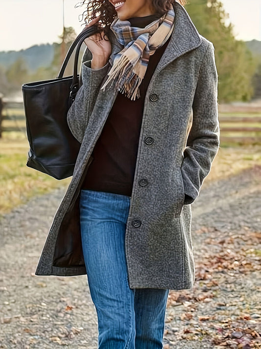 Women's Single-Breasted Overcoat - Solid Color Long Sleeve Casual Outerwear for Fall and Winter