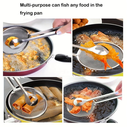 Stainless Steel Frying Oil Strainer Spoon - High Temperature Food Filter with Clip and Clamp - Kitchen Colander for Frying, Eid Al-Adha Gift Idea