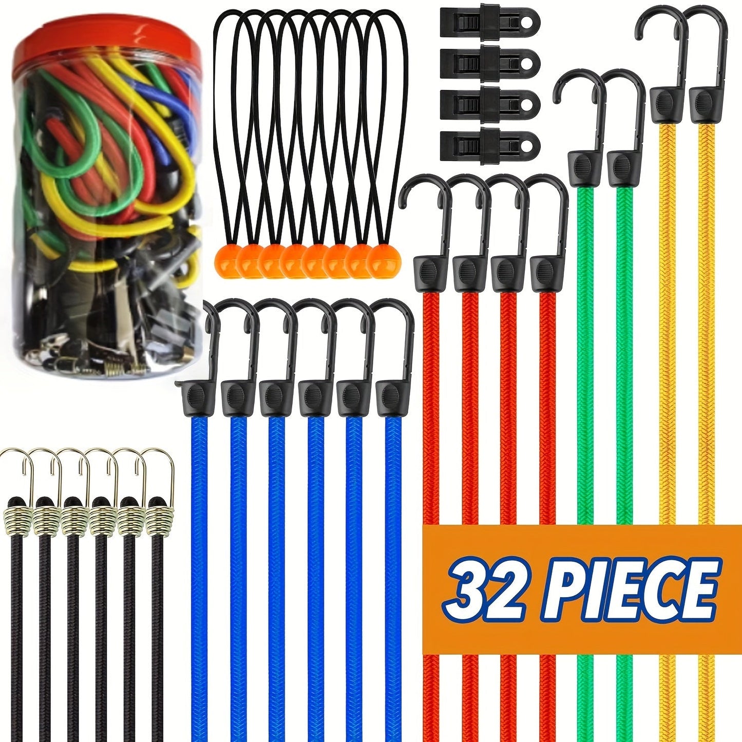 32-Piece Bungee Cord Assortment – 10" to 40" Bungee Cords, Canopy Tarp Ties & Clips for Secure Outdoor Use