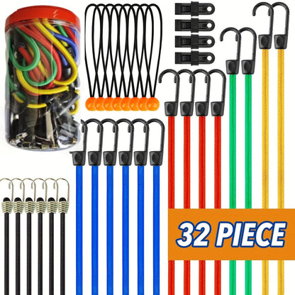 32-Piece Bungee Cord Assortment – 10" to 40" Bungee Cords, Canopy Tarp Ties & Clips for Secure Outdoor Use