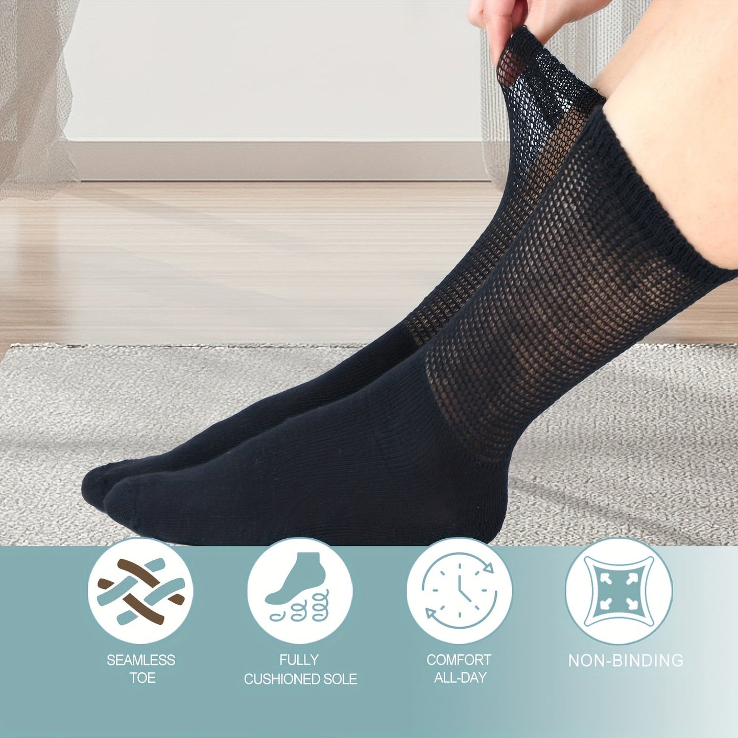 4 Pairs Diabetic Socks - Loose Fit, Non-Binding Seamless Cuff, Extra Wide Crew Socks for Men and Women