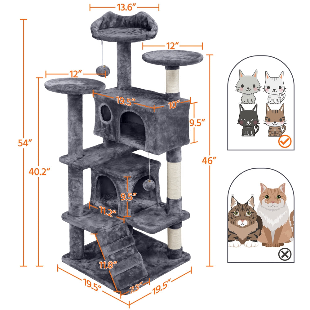 Costoffs 54in Cat Tree Tower – Large Cat Condo with 2 Condos, 2 Dangling Balls, and 3 Scratching Posts for Kittens and Cats