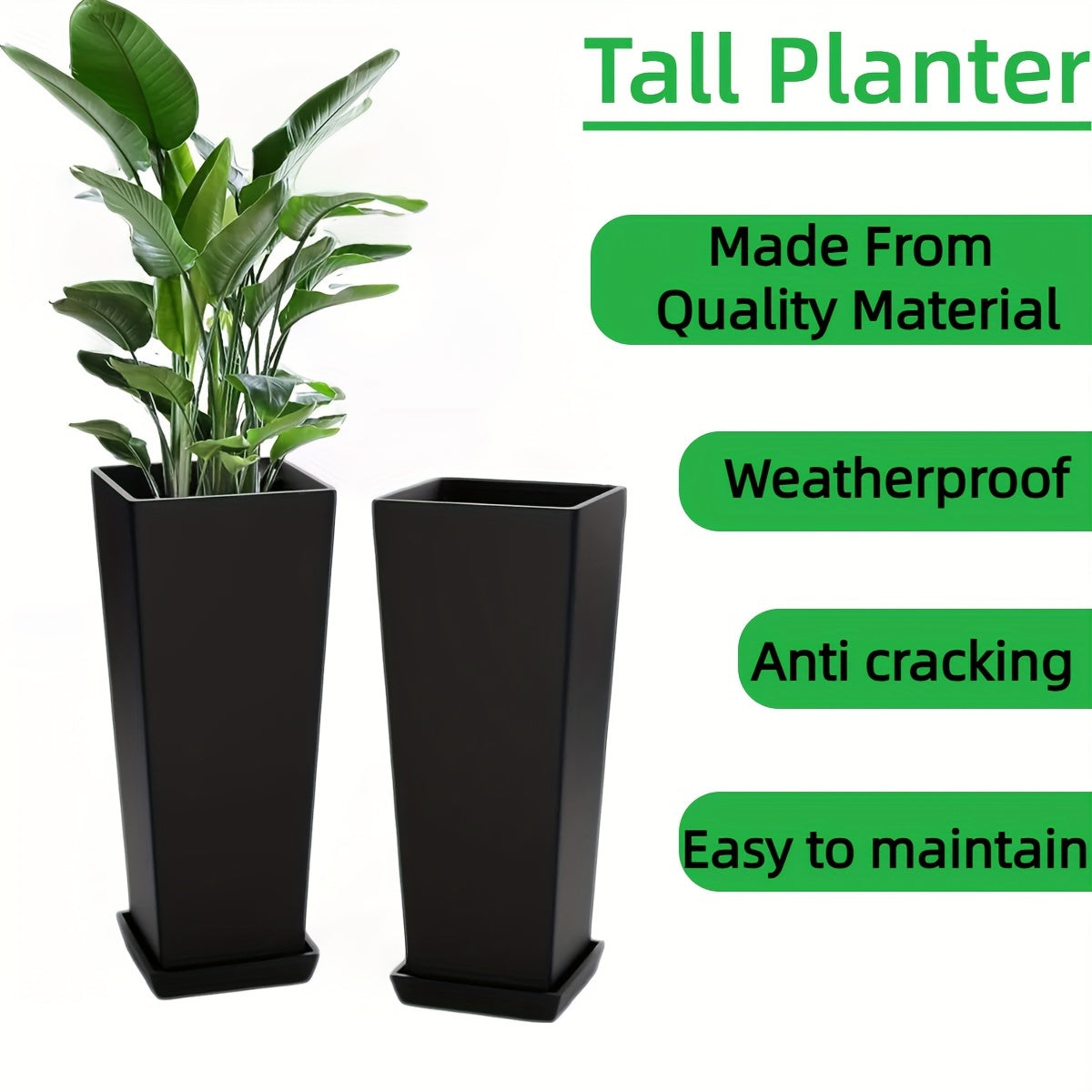 Set of 2 Tall Outdoor Planters – 24 Inch Tapered Square Flower Pots for Indoor & Outdoor Plants, Includes Tray for Trees & Flowers, Black for Patio Garden