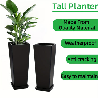 Set of 2 Tall Outdoor Planters – 24 Inch Tapered Square Flower Pots for Indoor & Outdoor Plants, Includes Tray for Trees & Flowers, Black for Patio Garden