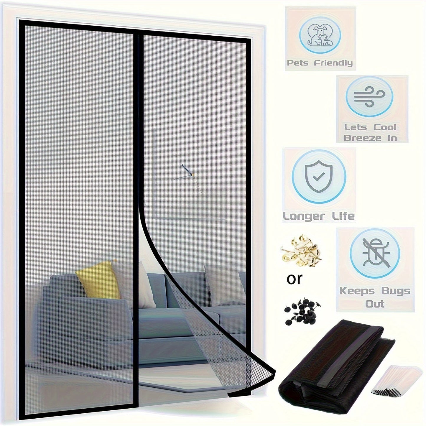 Magnetic Screen Door Set - Self-Sealing, Hands-Free, Heavy-Duty Mesh - Bug-Proof, Pet and Kid Friendly, Easy Installation, Durable - 36x82 Inch / 39x82 Inch