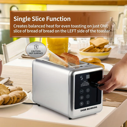 1.5 Inch 2-Slice Smart Digital Toaster - Touch Screen, 5 Bread Selections, 7 Shade Settings, Bagel/Defrost/Cancel/Reheat Functions, Removable Crumb Tray, Stainless Steel