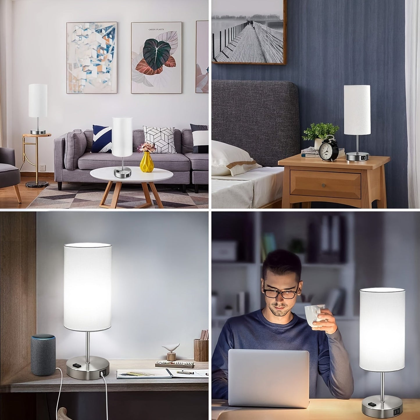 Set of 2 Touch Control Table Lamps with USB Ports and AC Outlet – 3 Way Dimmable Bedside Lamps with White Fabric Shade for Bedroom and Living Room, A19 LED Bulbs Included