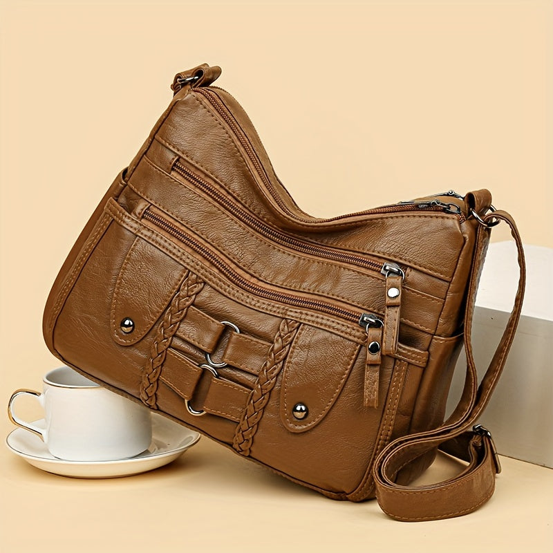 Retro Rivet Crossbody Bag for Women - PU Leather Multi-Zipper Messenger Bag