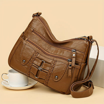 Retro Rivet Crossbody Bag for Women - PU Leather Multi-Zipper Messenger Bag