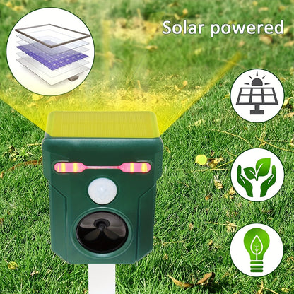 Ultrasonic Animal Repeller - Solar-Powered Outdoor Deterrent with Motion & Light Sensor, Flashing LED Lights, Siren | Repels Cats, Dogs, Deer, Raccoons, Birds, Skunks, Squirrels, Rabbits