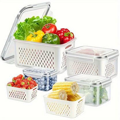 6-Piece BPA-Free Transparent Food Storage Containers with Lids & Drain Tray – Versatile Kitchen Organizers for Fruits, Vegetables, & Dry Goods