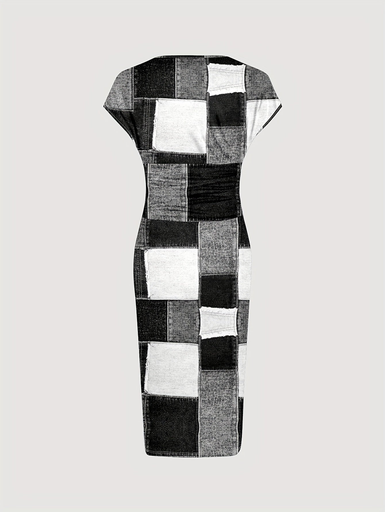 Patchwork Print V-Neck Dress – Elegant Short Sleeve Design for Spring & Summer – Women’s Clothing