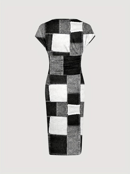 Patchwork Print V-Neck Dress – Elegant Short Sleeve Design for Spring & Summer – Women’s Clothing