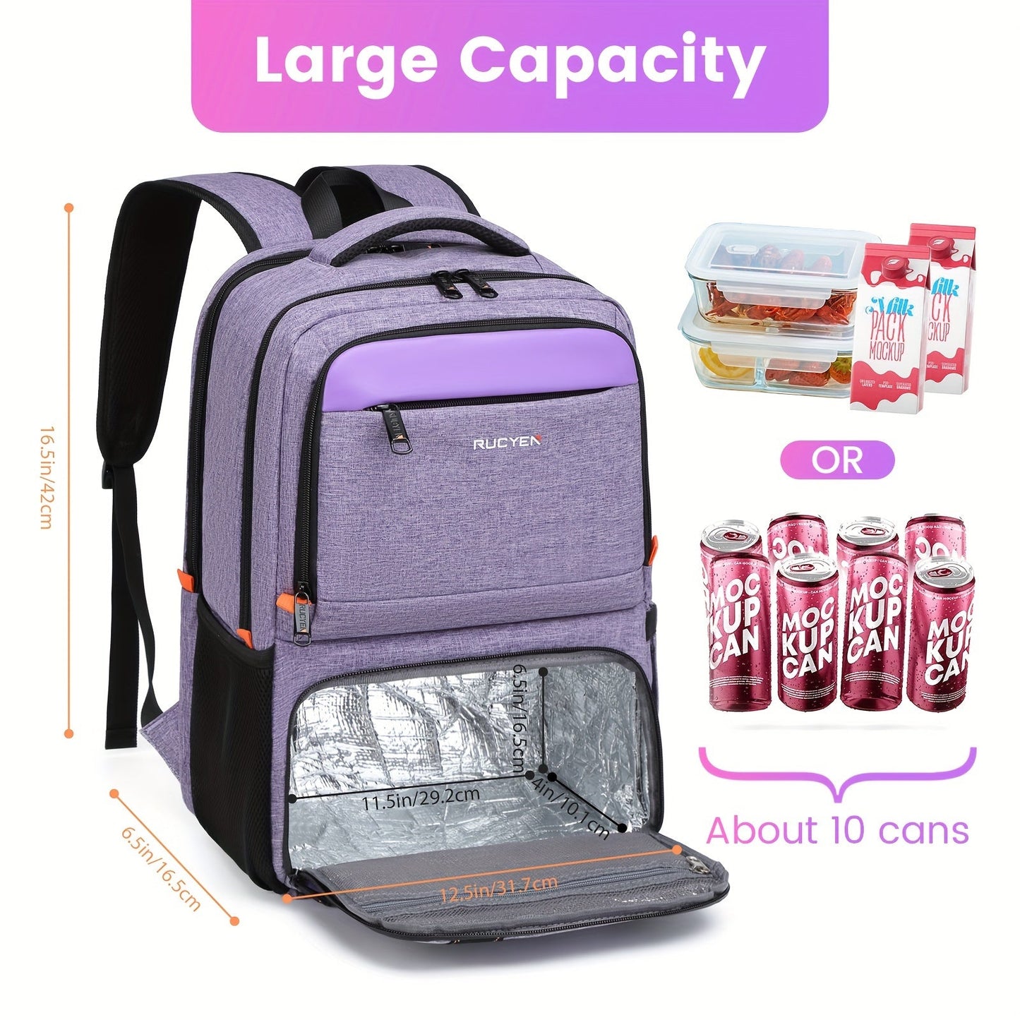 RUCYEN Insulated Lunch Backpack - Cooler Lunch Box for Men & Women, 15.6" RFID Blocking Laptop Backpack with USB Port for Work, Travel, Picnics and Hiking